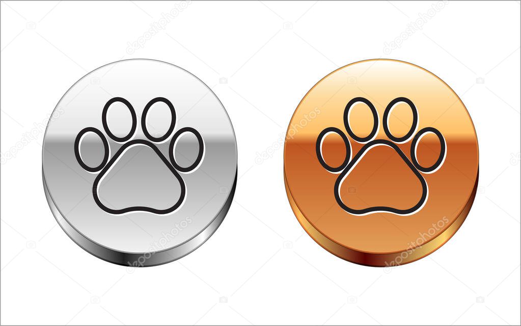 Black line Paw print icon isolated on white background. Dog or cat paw print. Animal track. Silver-gold circle button. Vector Illustration