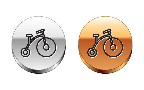 Black line Vintage bicycle with one big wheel and one small icon isolated on white background. Bike public transportation sign. Silver-gold circle button. Vector Illustration — Stockový vektor