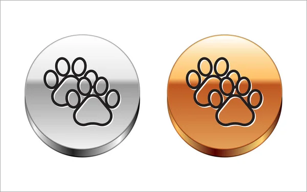 Zwarte lijn Paw print icoon geïsoleerd op witte achtergrond. Afdruk van honden- of kattenpootjes. Dierenspoor. Zilveren-gouden cirkel knop. Vector Illustratie — Stockvector