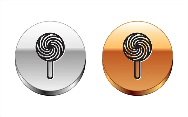 Schwarze Linie Lollipop-Symbol isoliert auf weißem Hintergrund. Essen, köstliches Symbol. Silber-Gold-Kreis-Knopf. Vektorillustration — Stockvektor