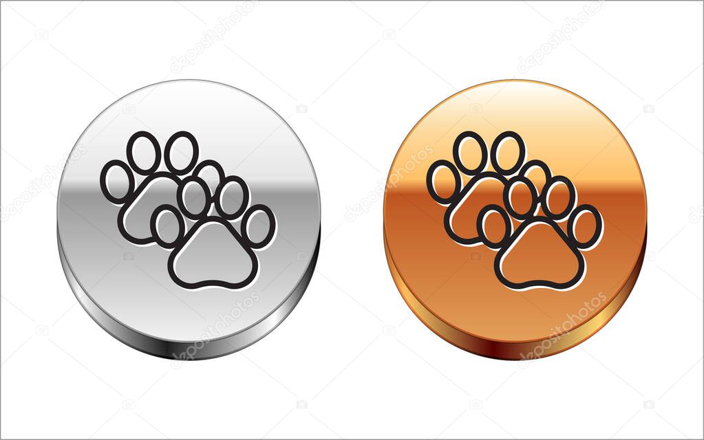 Black line Paw print icon isolated on white background. Dog or cat paw print. Animal track. Silver-gold circle button. Vector Illustration