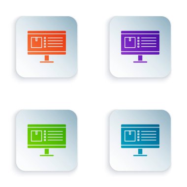 Uygulama dağıtım ikonu olan renkli bilgisayar monitörü beyaz arkaplanda izole edildi. Paket takibi. Renkli kare düğmelere simgeleri yerleştir. Vektör İllüstrasyonu