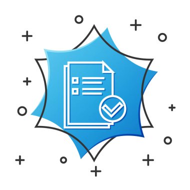 Beyaz çizgi Belgesi ve işaretleme simgesi beyaz arkaplanda izole edildi. Kontrol listesi simgesi. İş konsepti. Mavi altıgen düğmesi. Vektör İllüstrasyonu