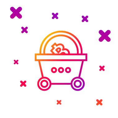 Beyaz arka planda bitcoin simgesi olan renkli alışveriş sepeti. Engelleme teknolojisi, kripto para birimi madenciliği, dijital para piyasası. Kademeli rastgele dinamik şekiller. Vektör İllüstrasyonu