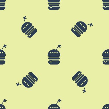 Mavi Burger ikonu sarı arka planda kusursuz desen izole etti. Hamburger ikonu. Çizburger sandviç tabelası. Fast food menüsü. Vektör İllüstrasyonu