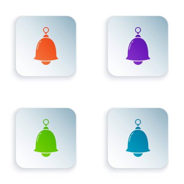 Beyaz arka planda izole renkli zil sesi simgesi. Alarm sembolü, servis zili, el zili işareti, bildirim sembolü. Renkli kare düğmeleri simgeleri ayarlayın. Vektör Illustration