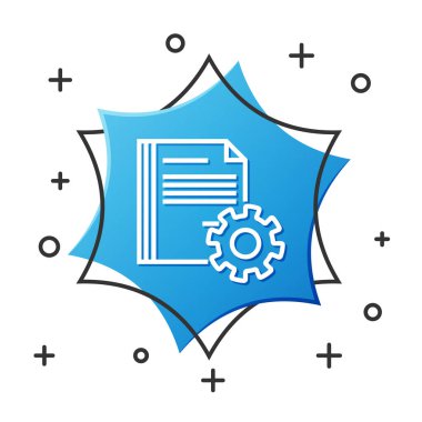 Beyaz arkaplanda izole edilmiş dişli simgesi olan beyaz çizgi Belge ayarları. Yazılım güncellemesi, transfer protokolü, takım çalışması araç yönetimi. Mavi altıgen düğmesi. Vektör İllüstrasyonu