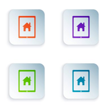 Renk Tableti ve akıllı ev simgesi beyaz arkaplanda izole edildi. Uzaktan kumanda. Renkli kare düğmelere simgeleri yerleştir. Vektör İllüstrasyonu