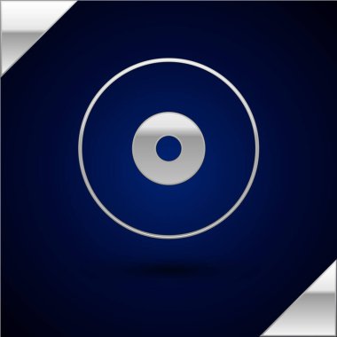 Gümüş CD veya DVD disk simgesi koyu mavi arkaplanda izole edildi. Küçük disk işareti. Vektör İllüstrasyonu