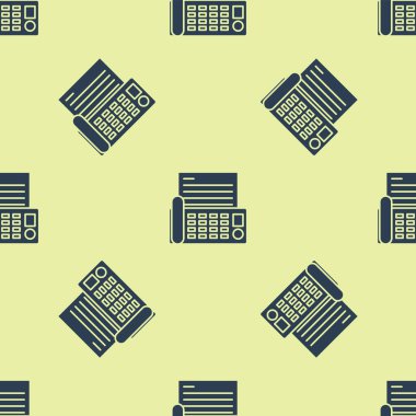 Mavi faks makinesi simgesi sarı arkaplandaki kusursuz deseni izole etti. Ofis telefonu. Vektör İllüstrasyonu