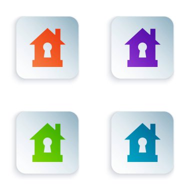 Beyaz arka planda yalıtılmış koruma simgesi altında Color House. Koruma, güvenlik, güvenlik, koruma, savunma konsepti. Simgeleri renkli kare düğmelere ayarlayın. Vektör İllüstrasyonu