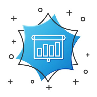 Beyaz çizgi sunum finansal iş kurulu grafik, çizelge, diyagram, bilgi grafiği, turta grafik simgesi beyaz arka planda izole. Mavi altıgen düğmesi. Vektör İllüstrasyonu