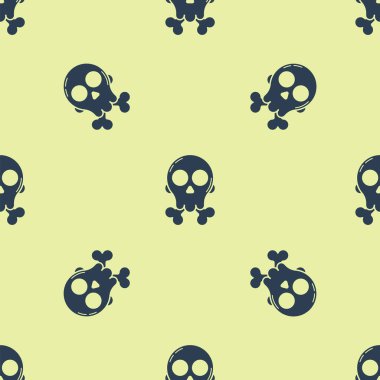 Çapraz kemik simgesindeki Mavi Kafatası sarı arka planda izole edilmiş pürüzsüz desen. Mutlu Cadılar Bayramı Partisi. Vektör İllüstrasyonu