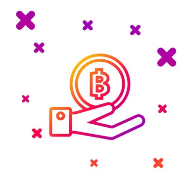 Beyaz arkaplanda Bitcoin simgesini tutan renk çizgisi. Engelleme teknolojisi, dijital para piyasası, şifreli para cüzdanı. Kademeli rastgele dinamik şekiller. Vektör İllüstrasyonu