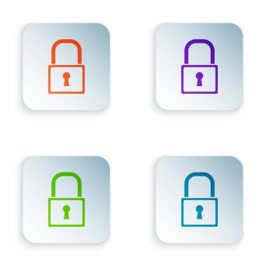 Beyaz arka planda yalıtılmış renk kilidi simgesi. Asma kilit işareti. Güvenlik, emniyet, koruma, gizlilik konsepti. Renkli kare düğmeleri simgeleri ayarlayın. Vektör Illustration