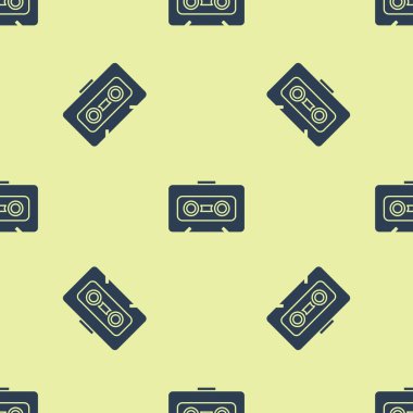 Mavi Retro ses kaset ikonu sarı arkaplanda izole edilmiş kusursuz desen. Vektör İllüstrasyonu