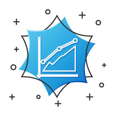 Beyaz çizgi pasta grafiği bilgi simgesi beyaz arkaplanda izole edildi. Diyagram çizelgesi. Mavi altıgen düğmesi. Vektör İllüstrasyonu