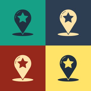 Renk arkaplanı üzerinde yıldız simgesi izole edilmiş renk haritası işaretçisi. Yıldız favori iğne haritası simgesi. Harita işaretleyicileri. Klasik tarzda çizim. Vektör İllüstrasyonu