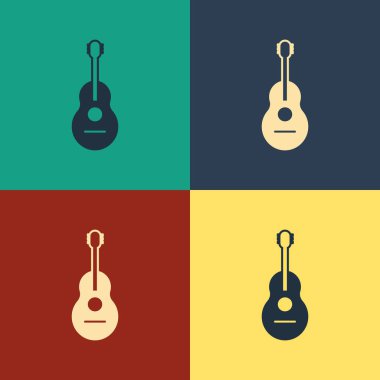 Renkli Gitar simgesi renk arkaplanında izole edildi. Akustik gitar. Telli müzik aleti. Klasik tarzda çizim. Vektör İllüstrasyonu