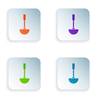 Renkli Mutfak kepçe simgesi beyaz arkaplanda izole edildi. Mutfak aletleri. Çatal kaşık tabelası. Renkli kare düğmelere simgeleri yerleştir. Vektör İllüstrasyonu