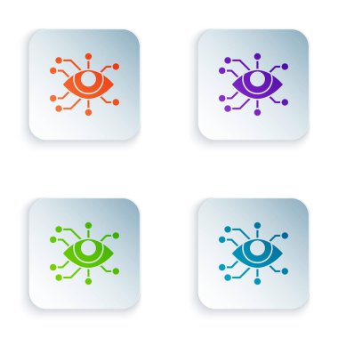 Renk Göz tarama simgesi beyaz arkaplanda izole edildi. Göz taraması yapılıyor. Güvenlik kontrol sembolü. Siber göz işareti. Renkli kare düğmelere simgeleri yerleştir. Vektör İllüstrasyonu