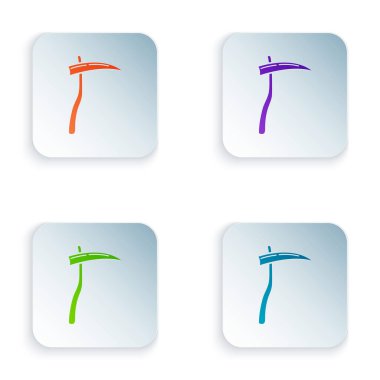 Beyaz arkaplanda izole edilmiş renkli Scythe simgesi. Mutlu Cadılar Bayramı Partisi. Renkli kare düğmelere simgeleri yerleştir. Vektör İllüstrasyonu