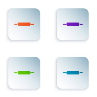 Beyaz arkaplanda renkli yuvarlanan pin simgesi izole edildi. Renkli kare düğmelere simgeleri yerleştir. Vektör İllüstrasyonu