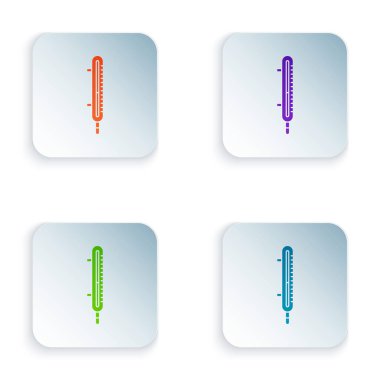 Beyaz arkaplanda izole edilmiş renk meteoroloji termometresi ikonu. Termometre termometresi sıcak ya da soğuk hava gösteriyor. Renkli kare düğmelere simgeleri yerleştir. Vektör İllüstrasyonu