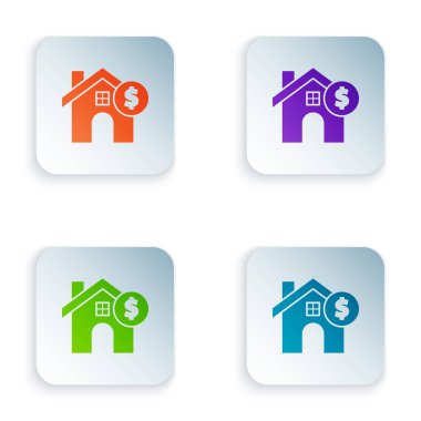 Beyaz arka planda dolar sembolü olan Renk Evi. Ev ve para. Emlak konsepti. Renkli kare düğmelere simgeleri yerleştir. Vektör İllüstrasyonu