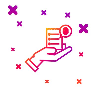 Boş makbuzlu renkli insan eli ya da ödeme ikonu faturası beyaz arka planda izole edilmiş. Bankacılık ve iş operasyonları. Kademeli rastgele dinamik şekiller. Vektör İllüstrasyonu