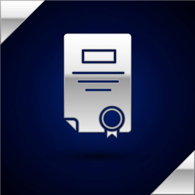 Gümüş Sertifika şablonu simgesi koyu mavi arkaplanda izole edildi. Başarı, ödül, diploma, burs, diploma. İş başarısı sertifikası Vektör İllüstrasyonu