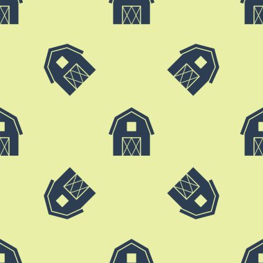 Mavi Çiftlik Evi konsepti ikonu sarı arka planda kusursuz desen izole etti. Kırsal çiftlik manzarası. Vektör İllüstrasyonu