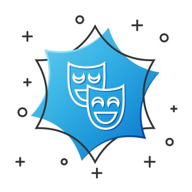 Beyaz çizgi komedi teatral maskeler beyaz arka planda izole edilmiş. Mavi altıgen düğmesi. Vektör İllüstrasyonu