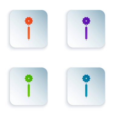 Beyaz arka planda izole edilmiş renkli pizza bıçağı ikonu. Pizza kesme tabelası. Çelik mutfak gereçleri. Renkli kare düğmelere simgeleri yerleştir. Vektör İllüstrasyonu