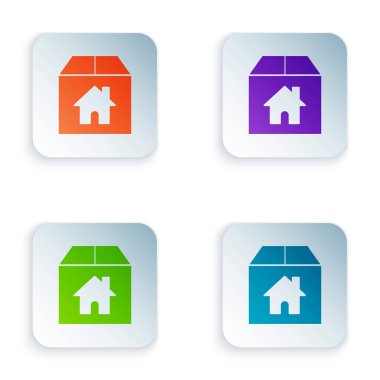 Beyaz zemin üzerinde ev sembolü simgesi olan renkli karton kutu. Kutu, paket, paket işareti. Teslimat, ulaşım ve nakliye. Renkli kare düğmelere simgeleri yerleştir. Vektör İllüstrasyonu