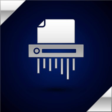 Gümüş Kağıt Parçalayıcı gizli ve özel belge ofisi bilgi koruma simgesi koyu mavi arka planda izole edildi. Vektör İllüstrasyonu