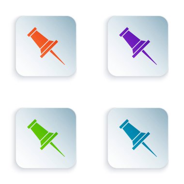 Beyaz arka planda izole renkli Push pin simgesi. Parmak izleri işareti. Renkli kare düğmeleri simgeleri ayarlayın. Vektör Illustration