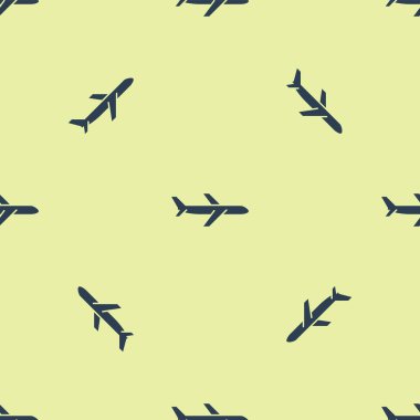 Mavi düzlem simgesi sarı arkaplandaki kusursuz deseni izole etti. Uçan uçak ikonu. Uçak tabelası. Vektör İllüstrasyonu