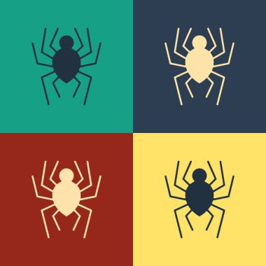 Renk arkaplanında izole edilmiş renkli örümcek simgesi. Mutlu Cadılar Bayramı Partisi. Klasik tarzda çizim. Vektör İllüstrasyonu