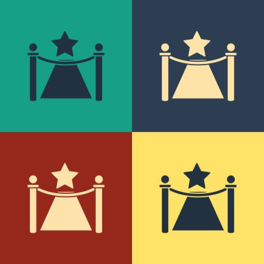 Renk arkaplan üzerinde bariyer ve yıldız simgesi olan renk halısı. Vip etkinliği, lüks kutlama. Ünlüler partisi girişi. Klasik tarzda çizim. Vektör İllüstrasyonu