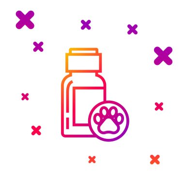 Beyaz arka planda izole edilmiş renkli köpek ilacı ikonu. İçinde haplar olan konteynır. Hayvan için reçeteli ilaç. Kademeli rastgele dinamik şekiller. Vektör İllüstrasyonu