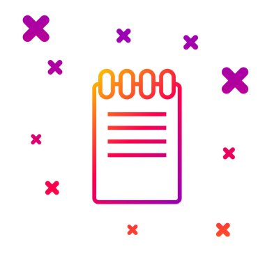 Renk çizgisi Not Defteri simgesi beyaz arkaplanda izole edildi. Spiral not defteri simgesi. Okul defteri. Yazı tahtası. İş günlüğü. Not defteri kapağı tasarımı. Kademeli rastgele dinamik şekiller. Vektör İllüstrasyonu