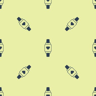 Mavi Akıllı saat kalp atış hızı simgesini gösteriyor sarı arkaplanda izole edilmiş pürüzsüz desen. Fitness uygulaması konsepti. Vektör İllüstrasyonu