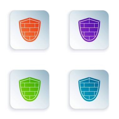 Beyaz arka planda siber güvenlik duvarı simgesi olan renk kalkanı. Veri koruma sembolü. Güvenlik duvarı logosu. Ağ koruması. Renkli kare düğmelere simgeleri yerleştir. Vektör İllüstrasyonu