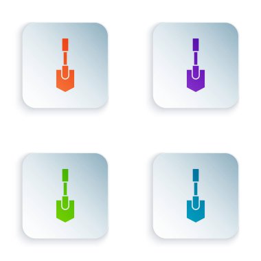 Beyaz arka planda izole renkli kürek simgesi. Bahçe aracı. Bahçecilik, tarım, Tarım için araç. Renkli kare düğmeleri simgeleri ayarlayın. Vektör Illustration