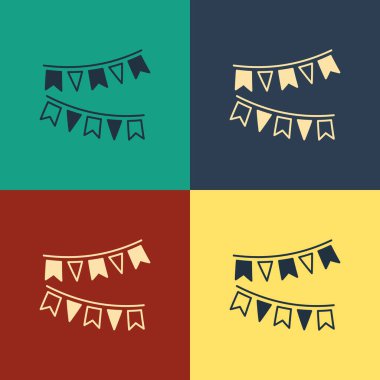 Renk arka planda izole bayraklar simgesi ile Renk Carnival çelenk. Doğum günü kutlaması, festival ve adil dekorasyon için parti pennants. Vintage tarzı çizim. Vektör İllüstrasyonu
