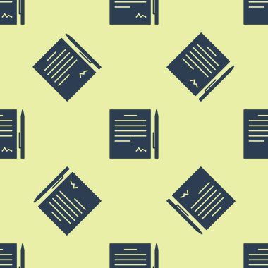 Kalem simgesine sahip Mavi Sözleşme sarı arka planda kusursuz desen izole etti. Dosya simgesi. Kontrol listesi simgesi. İş konsepti. Vektör İllüstrasyonu