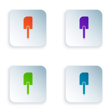 Beyaz arkaplanda izole edilmiş renkli Spatula simgesi. Mutfak spatula ikonu. Bbq spatula işareti. Barbekü ve ızgara aleti. Renkli kare düğmelere simgeleri yerleştir. Vektör İllüstrasyonu