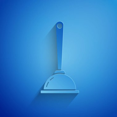 Mavi arka planda izole edilmiş boru temizleme ikonu için tahta saplı kağıt kesiği kauçuk pompası. Tuvalet pompası. Kağıt sanatı tarzı. Vektör İllüstrasyonu