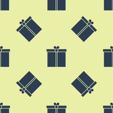 Mavi hediye kutusu simgesi sarı arkaplanda izole edilmiş pürüzsüz desen. Vektör İllüstrasyonu